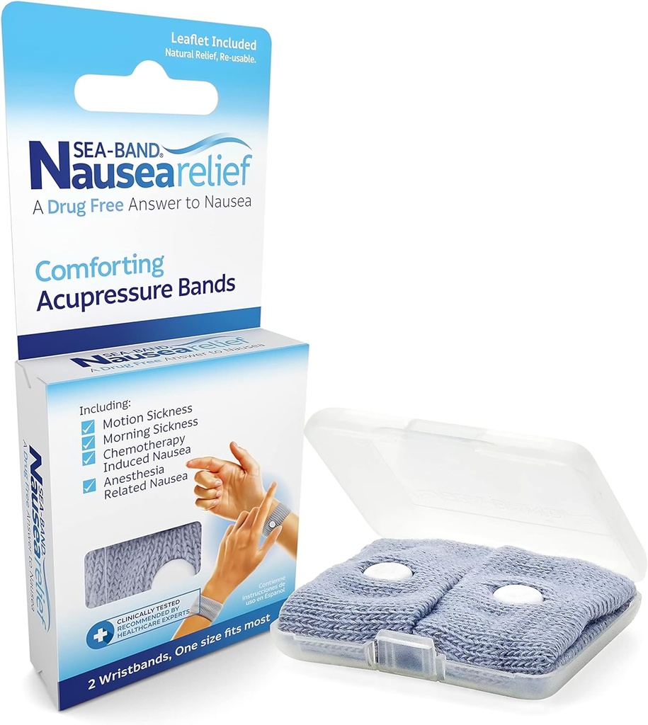 Dramamine Nausea Ginger Chews, 20 Count and Sea-Band Anti-Nausea Acupressure Wristband for Motion & Morning Sickness, 1 Pair