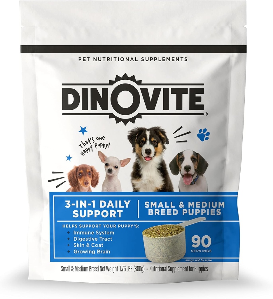 Dinovite 3 en 1 Probiótico para cachorros, piel " Cuna, salud digestiva " , Toppers de alimentos para perros, aceite de salmón, Glucosamina, Alivio de alergia " Cuidado de la piel de Itch Relief, 90 Servings (Puppy)