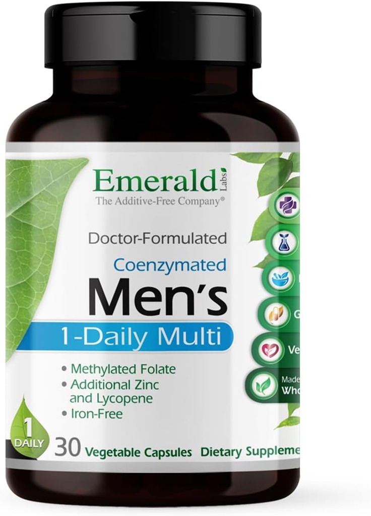 EMERALD LABS Men's 1 Daily Multi - Additive-Free Men's Multivitamin - Incluye Lycopene, Zinc, Vitamina D3, &amp; Más - Supports Bones, Prostate & Vision* - 30 Vegetable Capsules