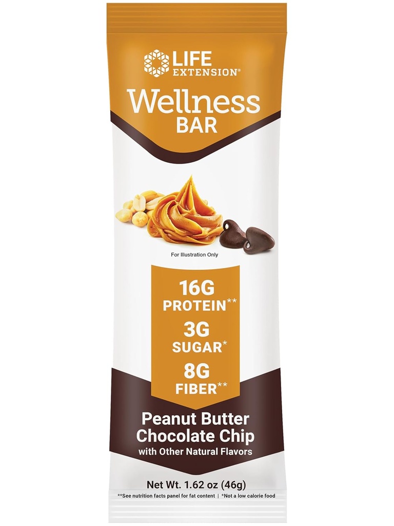 Life Extension Wellness Bar (Peanut Butter Chocolate Chip) – 16 g de Protein, 8 g de Fiber, 3 g de Sugar – Cacao Chocolate Chips, Whey Protein Isolate Blend – Snack Bares, Gluten-Free – Individualmente
