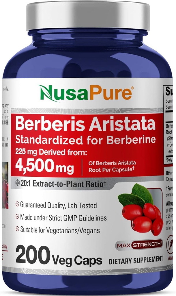 NusaPure Berberine HCI 20:1 Extracto, 225 mg Equivalente a 4.500mg - 200 Veggie Caps - (Vegetariano, No GMO, Vegan)