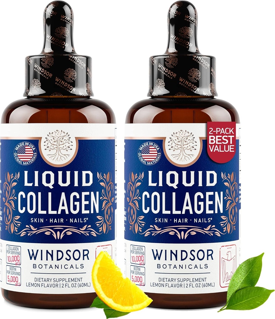 WINDSOR BOTANICALS Liquid Collagen for Women and Men - Hair, Skin, Nails Vitaminas - Lemon Flavor Collagen Peptides Hair Growth Drink - 5,000mcg Biotin, 10,000mcg - US Made - 2x2oz