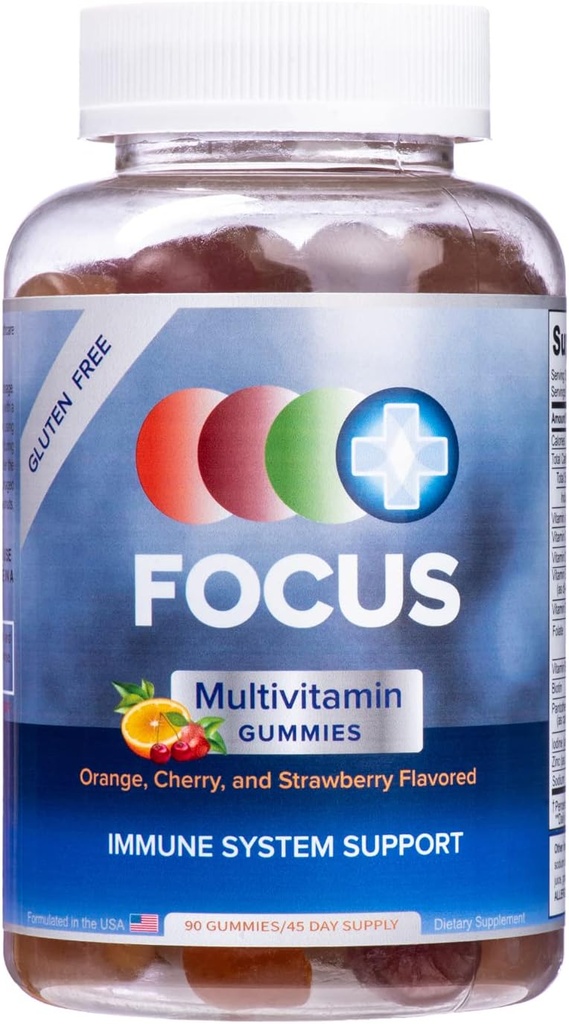 Focus Multivitamin Gummies ¦ Flavored Vitamin Supplement ¦ Boost Energy Levels ¦ Apoyo general Salud Silencio Daily Dietary Vitamin TEN 90 Ct, 45 Day Supply
