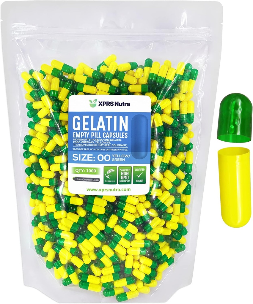 XPRS Nutra Size 00 Empty Capsules - 1000 Count Empty Gelatin Capsules - Pills DIY Capsule Filling - Fillable Pill Gel Caps for Do-It-youself Supplements (Green/Yellow)