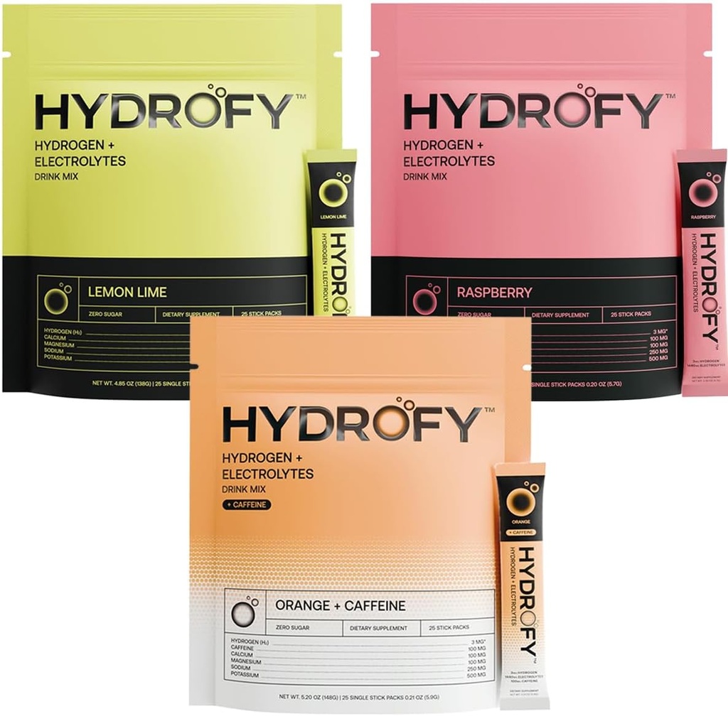 Hidrogen + Electrolitos Bebida Mix Raspberry, Orange + Caffeine, y Lemon Lime Bundle 75 Serviciones ← Superior Hydration Packets con Hidrógeno Molecular (H2), Sodium, Potasio, Magnesio y Calcio