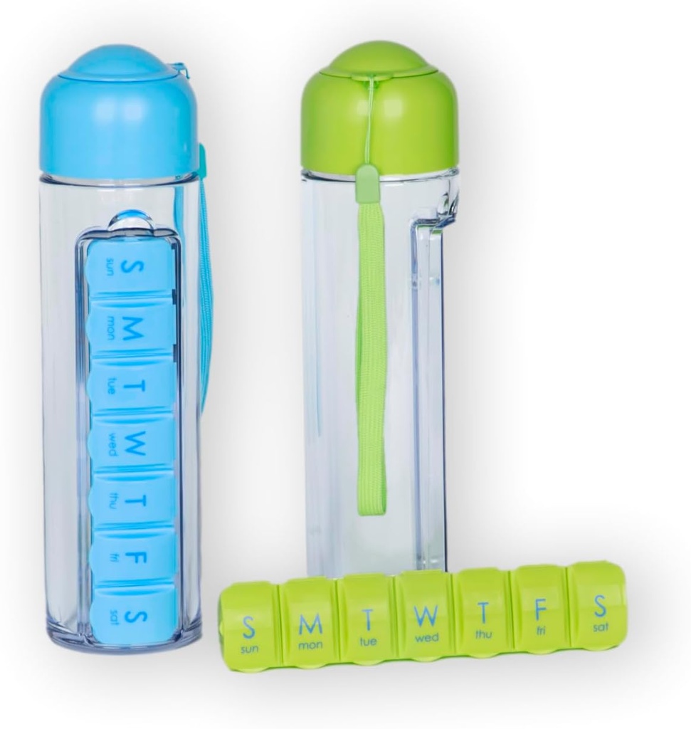 Water Bottle and Pill Organizer - 400ml Travel Water Bottle with 7 Day Weekly Pill Case - Medicine Planner Vitamin Holder with Free Cleaning Brush. Perfecto para Deportes y Viajes (Blue)