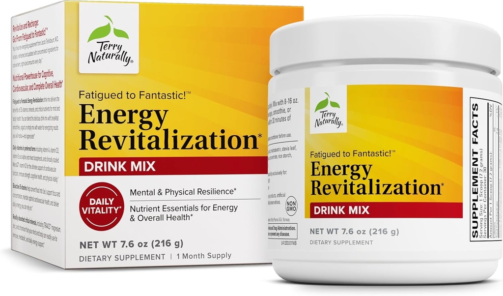 Terry Naturalmente Fatigued to Fantastic Energy Revitalization - Drink Mix for Energy with L-Tyrosine, Vitamins A, D3, E &amp; B - Supports Heart Health - 7.6 oz (30 Servings)