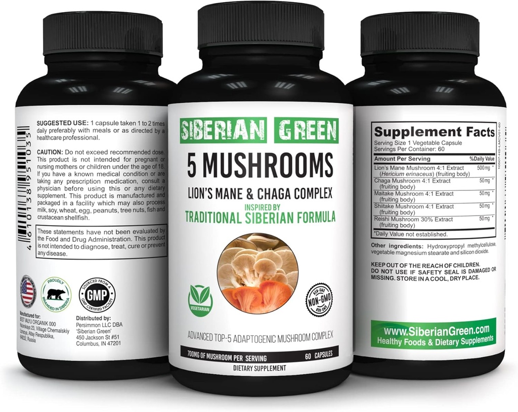 Siberian Green 5 Mushrooms Lions Mane Chaga Shiitake Maitake Reishi - 60 cápsulas