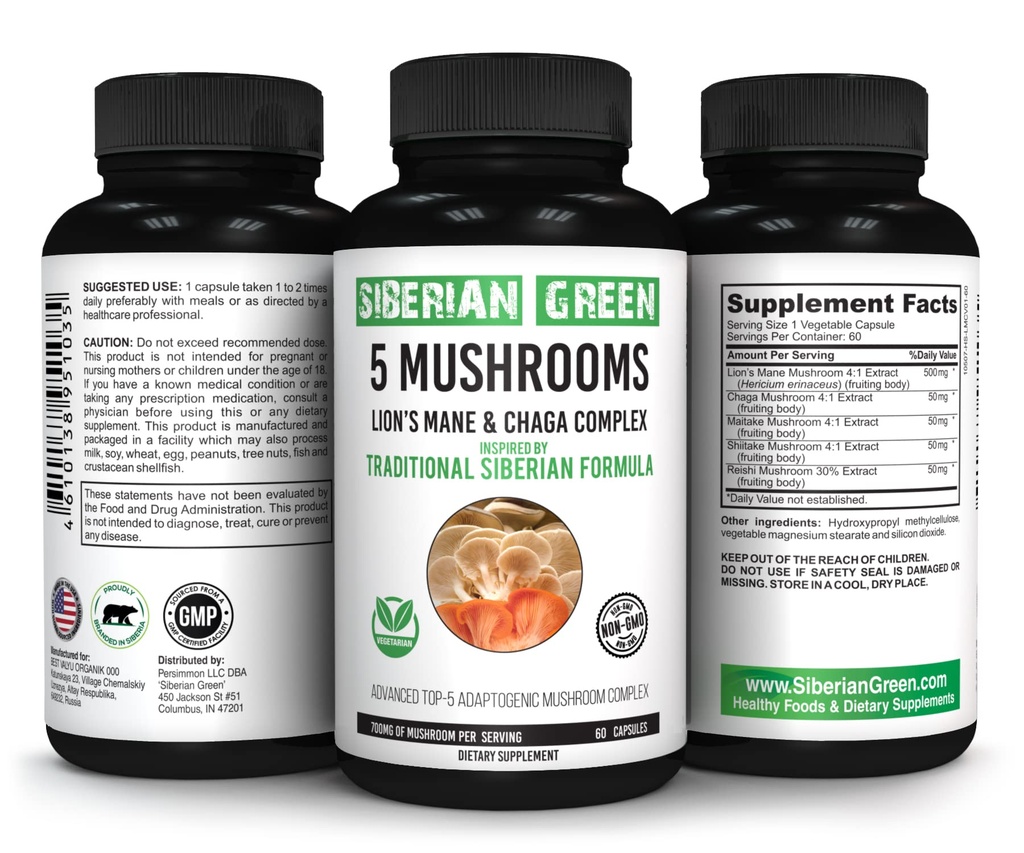 Siberian Green 5 Mushrooms Lions Mane Chaga Shiitake Maitake Reishi - 60 cápsulas