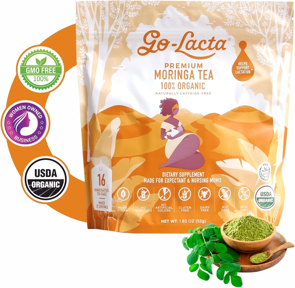Tea de Moringa Orgánica Go-Lacta – Aumentar el suministro de leche materna – Té de lactancia natural para las madres lactantes – Galactagogia Herbal Libre de Cafeína – Seguro Prenatal – 32 Serviciones