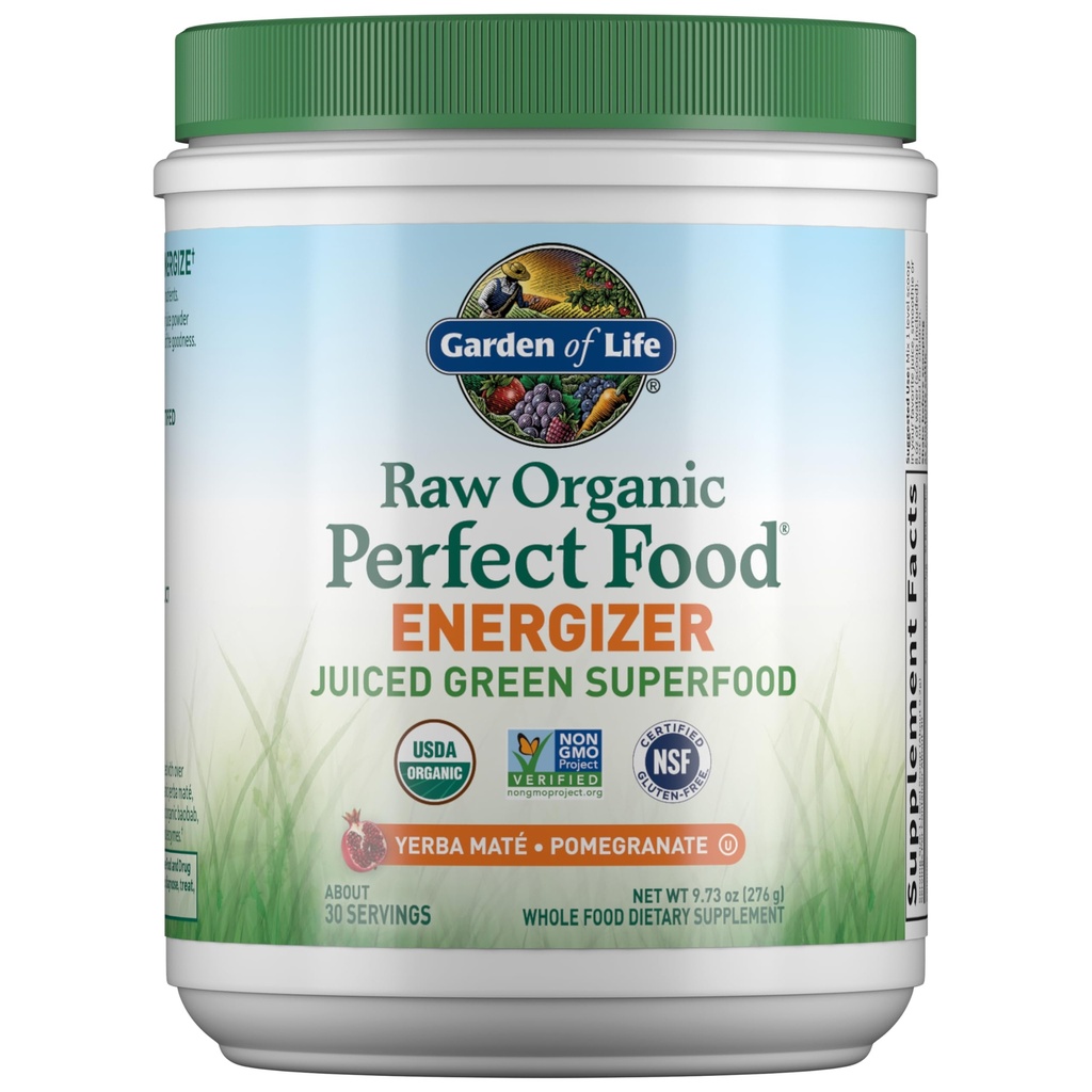 Jardín de la vida crudo orgánico perfecto alimento Energizante Juiced Green Superfood Powder - Yerba Mate Pomegranate, 30 Servings, Green Superfood Powder " Probiotics, Gluten Free Whole Food Greens Suplementos
