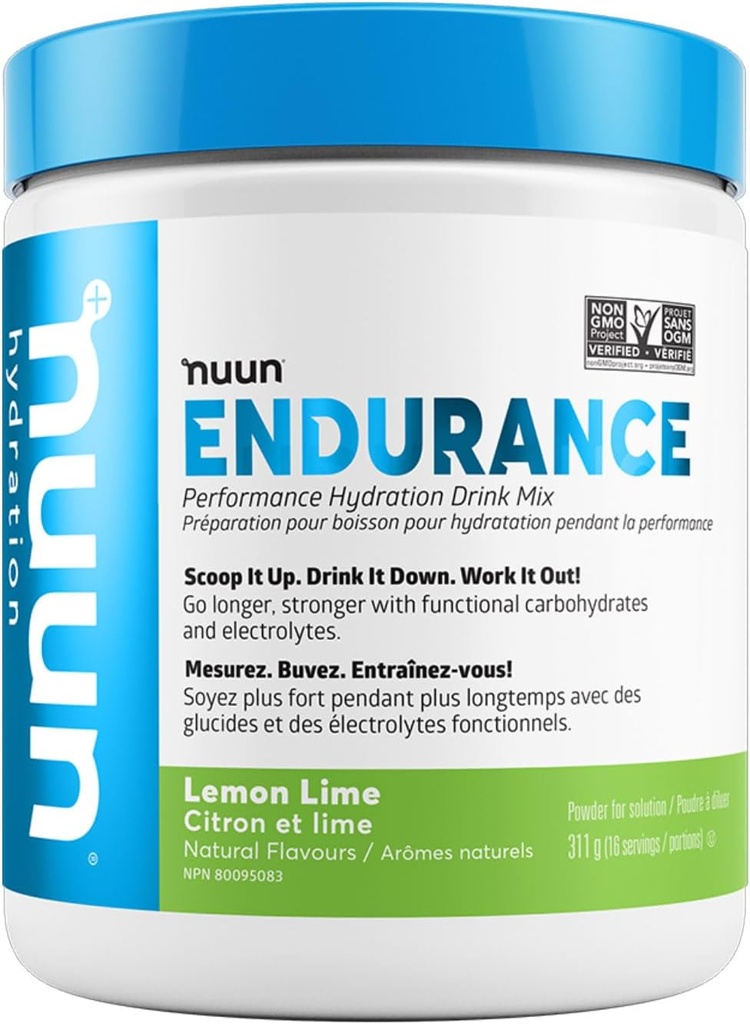 Nuun Hydration Endurance Powder, Lemon Lime, Workout Support,5 Electrolitos esenciales para la hidratación + Carbohidratos, Vegan, Non-GMO, (16 Servimientos - Canister)