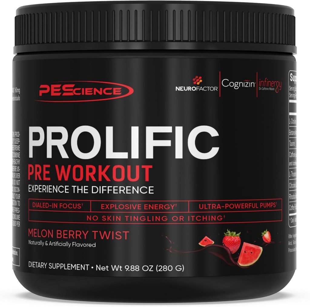 PEScience Prolific Pre Workout Powder para Hombres con L-Citrulline, Nitric Oxide Booster, Energy Powder " Nootropic for Focus – Preworkout Without Beta Alanine – 40 Scoops, Melon Berry Twist
