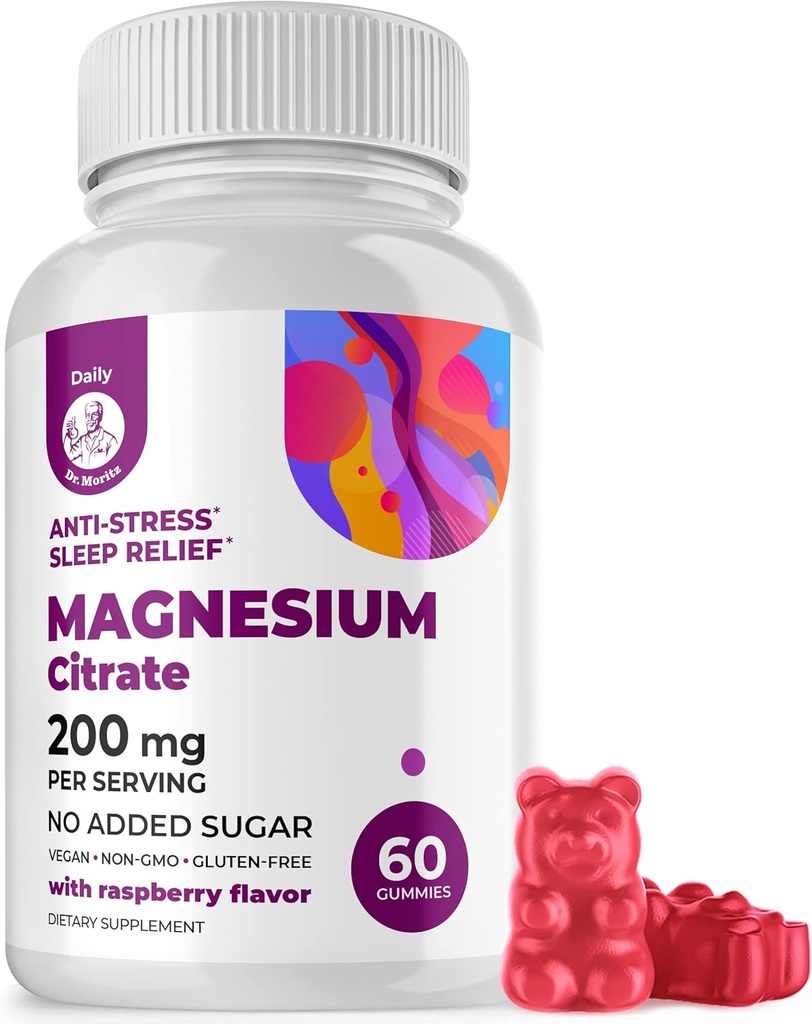 DR. MORITZ Magnesium Citrate Gummies for Adults - Gafas de Magnesio Calma Libre de Azúcar - Soporta una respuesta de estrés saludable - Raspberry Flavor - Non-GMO, 200 mg (60 Conde)