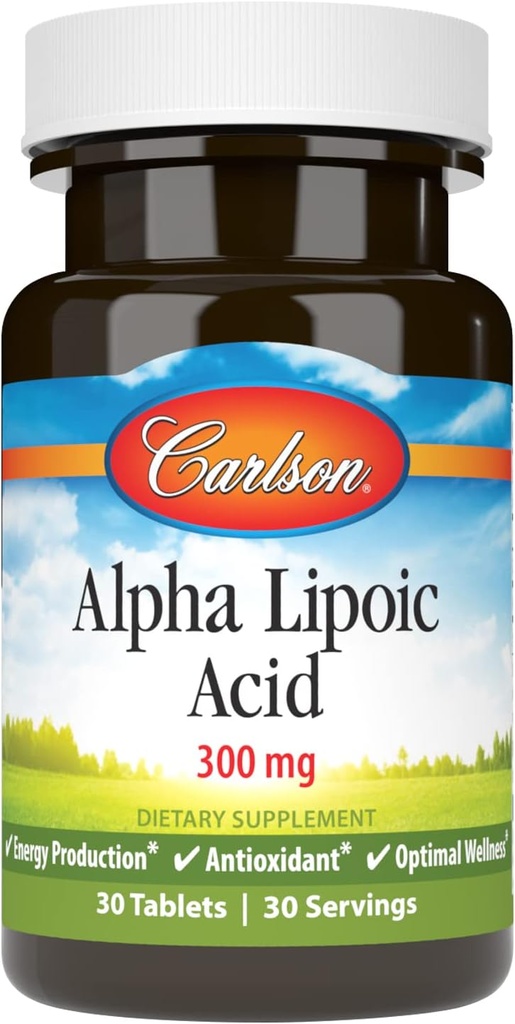 Carlson - Ácido Lipoico alfa, 300 mg, Producción de Energía, Antioxidante Universal, 30 Tabletas