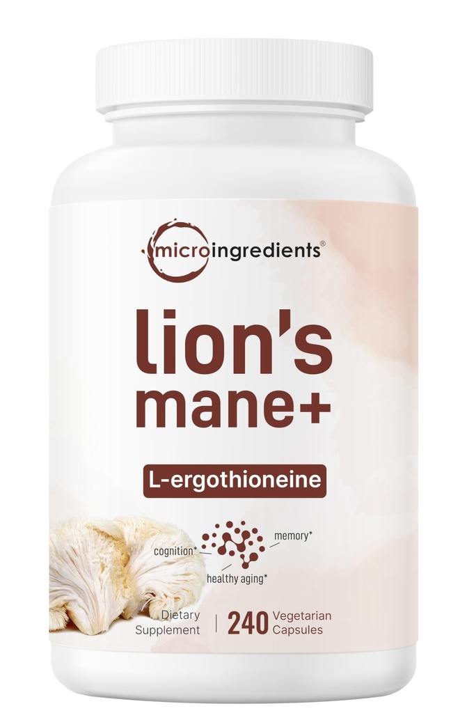 Micro Ingredientes Lions Mane Supplement Capsules, 240 Veggie Capsules with L-Ergothioneine, 4 Month Supply ← Brain, Energy, & Immune Health Support ← Non-GMO