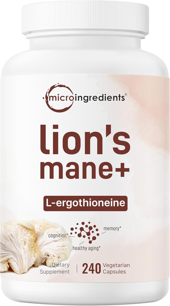 Micro Ingredientes Lions Mane Supplement Capsules, 240 Veggie Capsules with L-Ergothioneine, 4 Month Supply ← Brain, Energy, & Immune Health Support ← Non-GMO