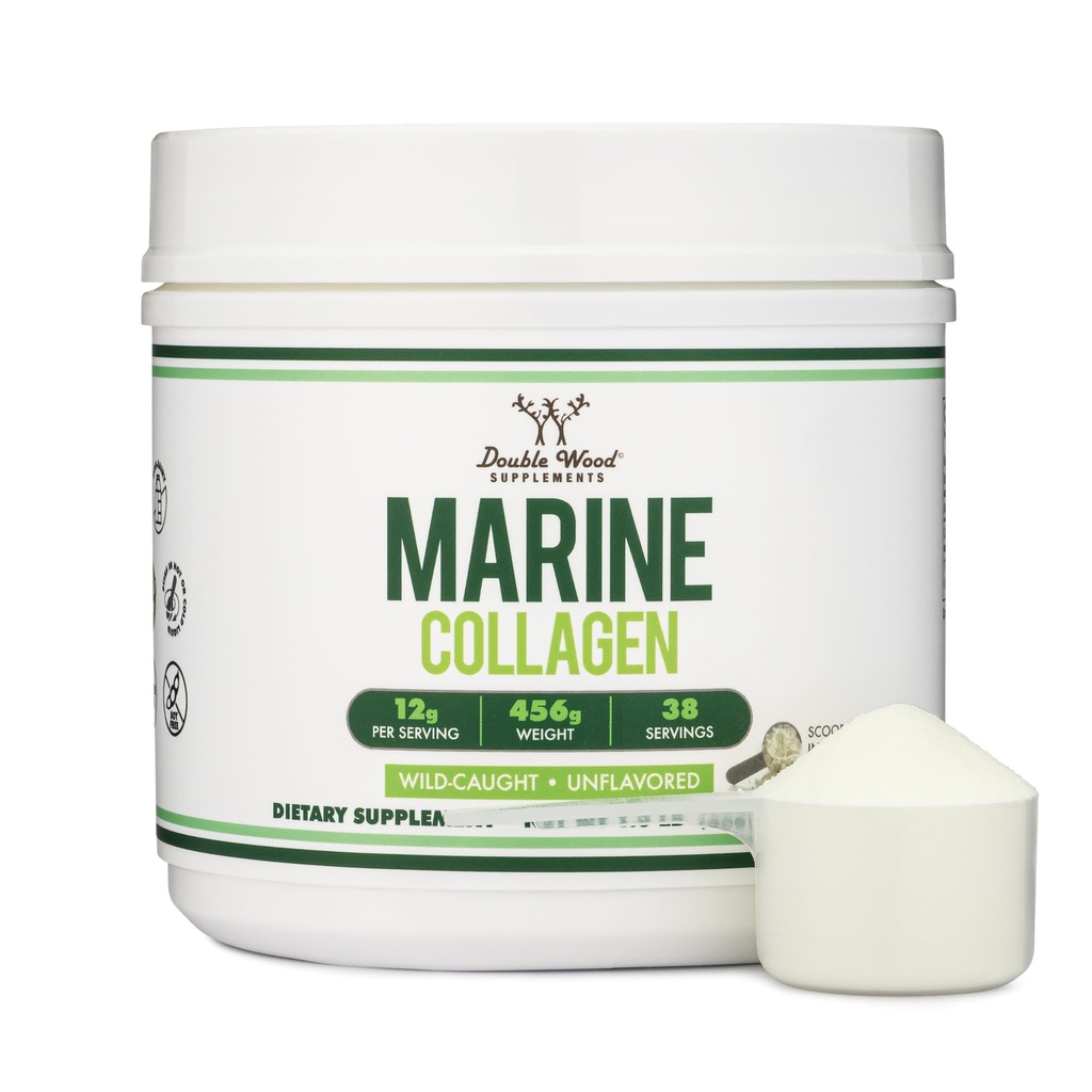 Suplementos de madera doble Pólvora de colágeno marino (1 LB / 16 OZ de Péptidos de colágeno marino de disuelve rápido) Wildcaught, Unflavored, Micronized - Scoop Included, No Fillers (38 Servimientos de 12 gramos cada uno)