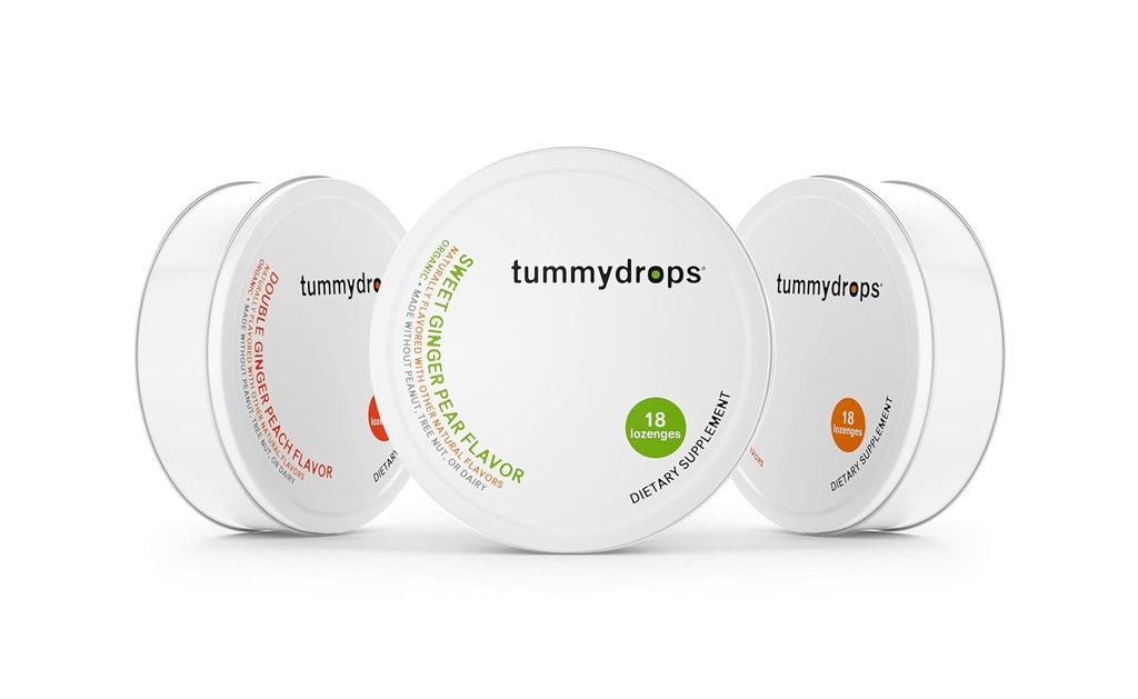 Tummydrops Organic Ginger Goodness Pack (1 tin each Spicy Ginger, Sweet Ginger Pear, & Double Ginger Peach). Gluten Free & Vegan. 54 Individually Wrapped Organic Ginger Lozenges.