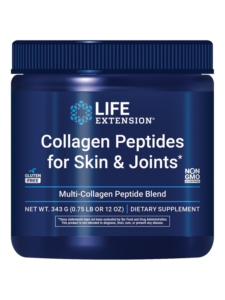 Péptidos de extensión de vida para las articulaciones de piel, Tipos de colágeno I, II " III en una pólvora fácil de conseguir, libre de gluten, no transgénico, peso neto 343 gramos