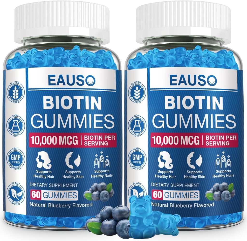 (2 Pack) Biotin Gummies 10,000mcg para el cabello saludable, piel " uñas para adultos - 120 Gummies Vitamina - Vegano, No GMO, Suplemento de salud del cabello basado en la pectina
