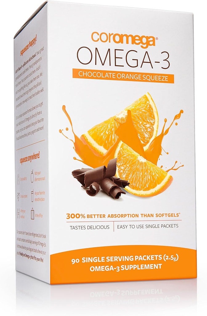 Coromega Omega 3 Fish Oil Suplemento, 650 mg de Omega-3 con 3X Mejor Absorción que Softgels, Chocolate Orange Flavor, 90 Single Serve Squeeze Packets