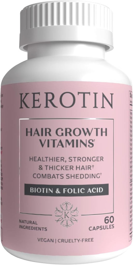 Kerotin Hair Growth Vitamins, Biotin Supplement, DHT Blocker, Collagen Stimulator, for Hair Loss Support, Nail & Skin Care, Incluye Saw Palmetto, Vitamina D3 &amp; Más - 60 pastillas (1 Month Supply)