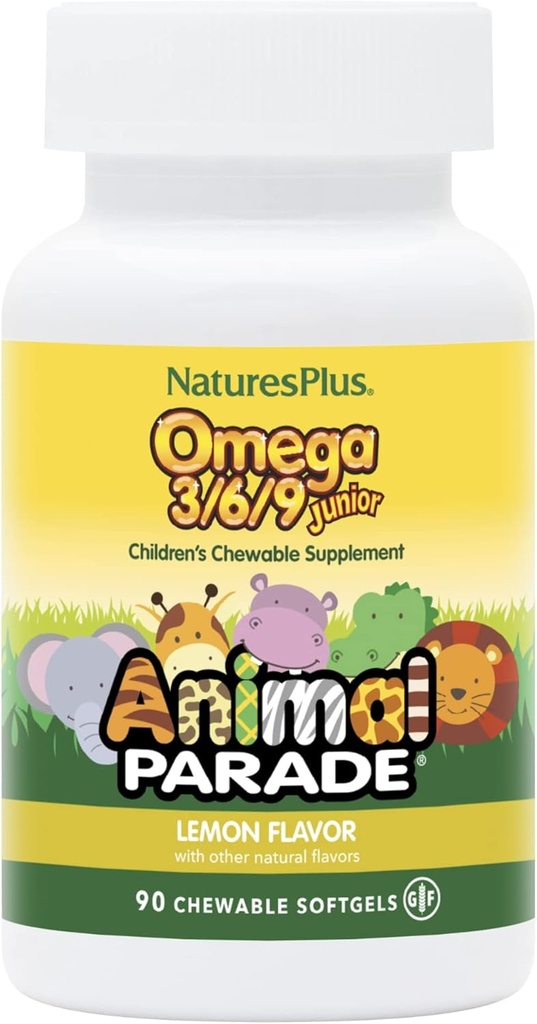 Natures Plus Animal Parade Omega 3/6/9 Junior, Lemon Flavor - 90 Softgels - Promueve Immune, Skin, Eye &amp; Nervous System Health - Non-GMO, Gluten Free - 45 Servings