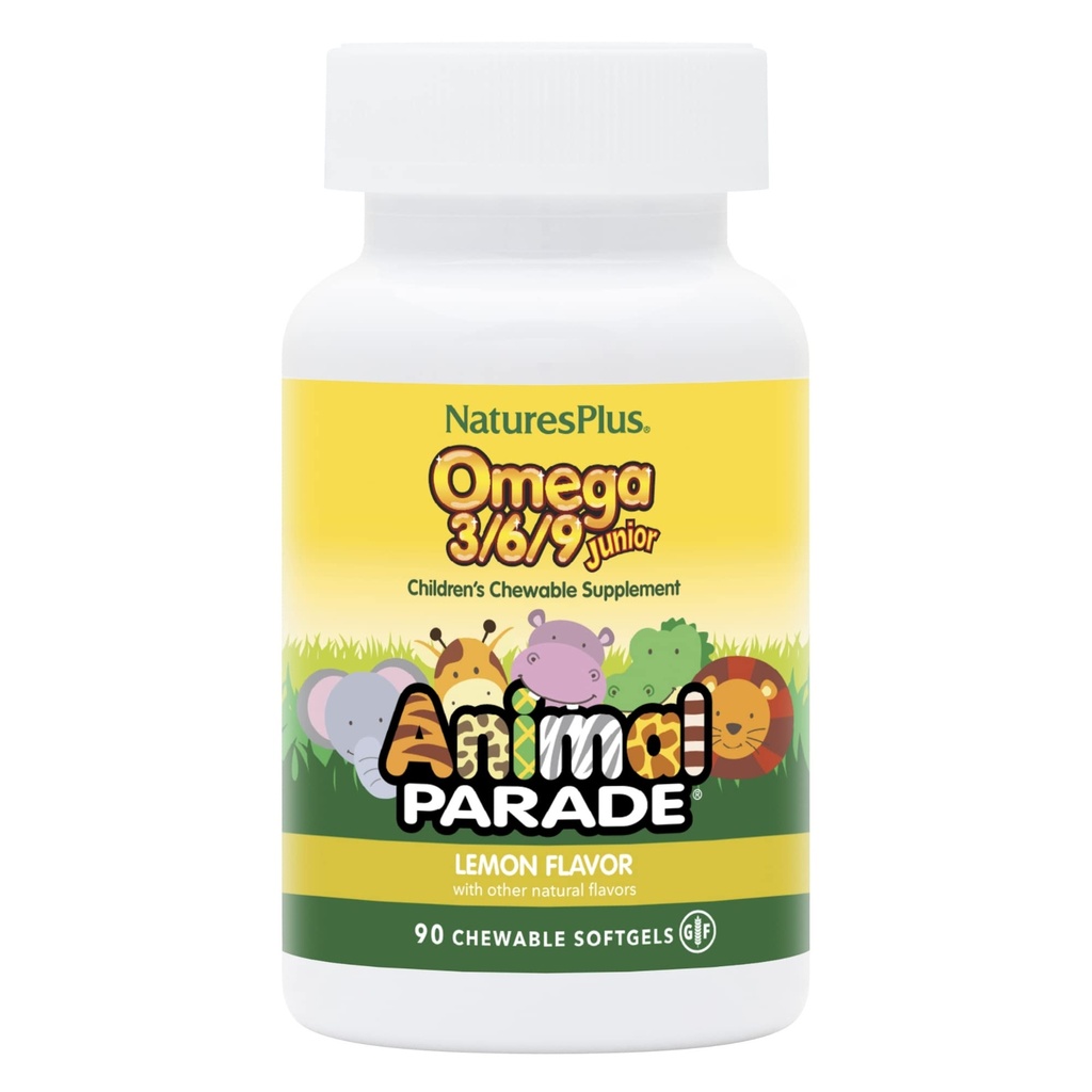 NaturesPlus Animal Parade Omega 3/6/9 Junior, Lemon Flavor - 90 Softgels - Promotes Children’s Immune, Skin, Eye & Nervous System Health - Non-GMO, Gluten Free - 45 Servings