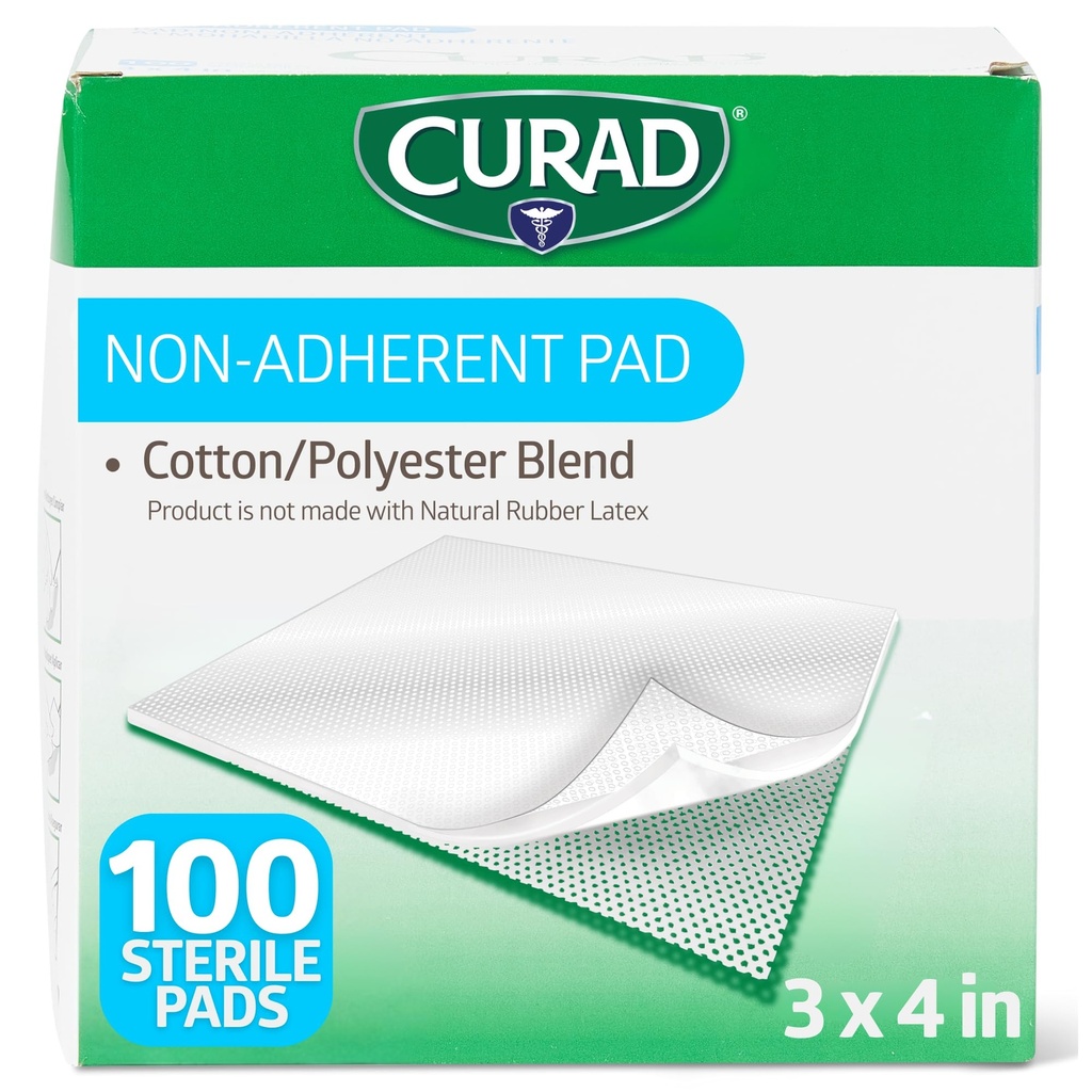CURAD Sterile Non-Adherent Pads (Pack of 100), 3"x4", para aderezo suave de heridas y absorción sin pegar