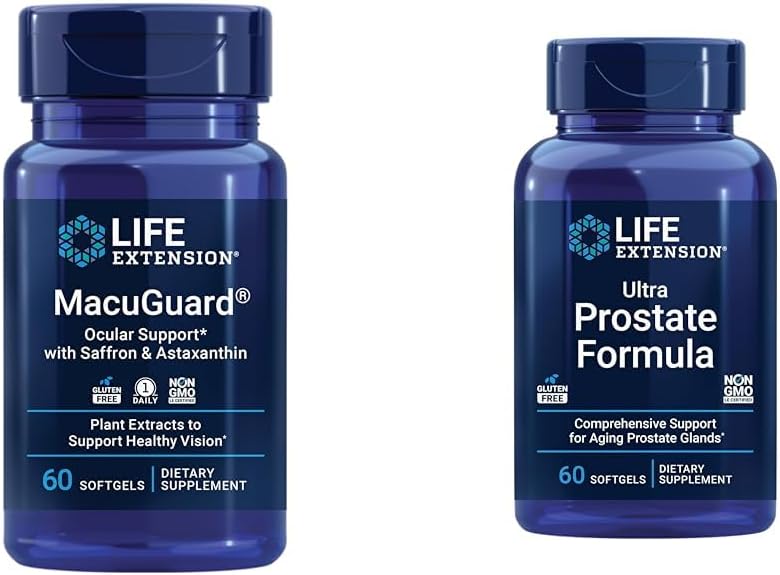 Extensión de la vida Macuguard Ocular Soporte con Conde Astaxanthin 60 y Fórmula Ultra Prostata Saw Palmetto 60 Softgels