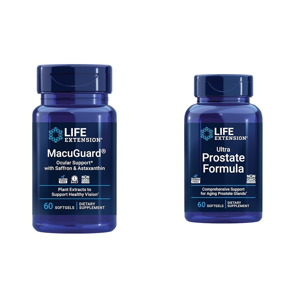 Extensión de la vida Macuguard Ocular Soporte con Conde Astaxanthin 60 y Fórmula Ultra Prostata Saw Palmetto 60 Softgels
