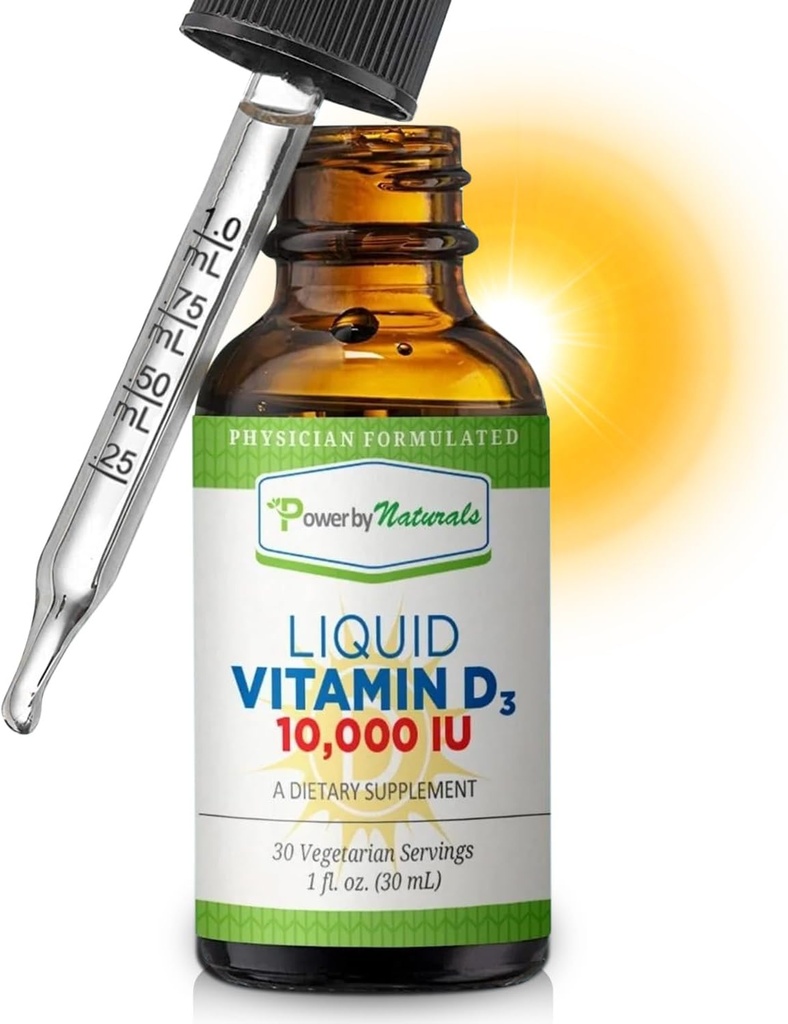 Power By Naturals Vitamina D3 Liquid Drops 10000 IU - High-Potency Vitamin D3 for Adult Bone Strength &amp; Immune Support - Gluten-Free, Non-GMO, Sugar-Free Vitamina - Orange Flavor, 1 fl Oz (30 Servings)