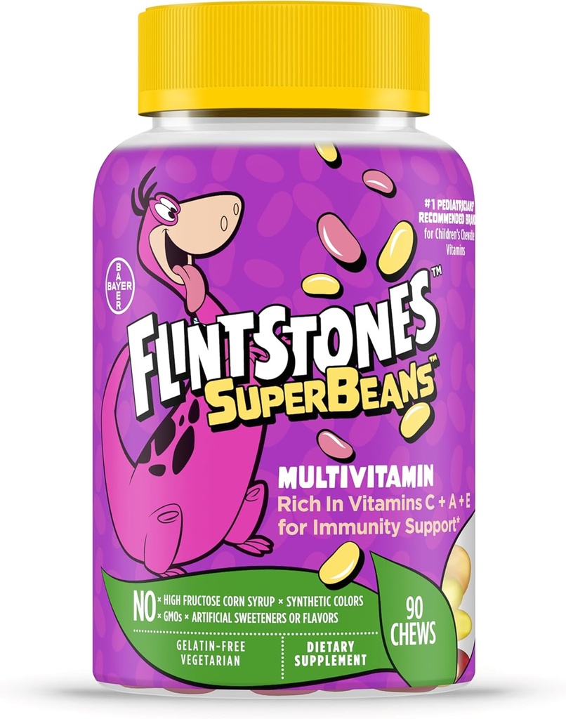 Flintstones Vitaminas SuperBeans,Kids Multivitamínicos con Apoyo Inmunitario con Vitaminas A,D,Iodine habitZinc para apoyar el crecimiento saludable,Fruit Flavored,Vegetarian,Jelly Bean Chews,90 Conde(El pago puede variar)
