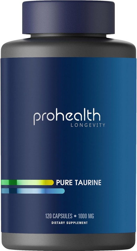 ProHealth Pure Taurine tención Asistencia Saludable, Cerebro y Corazón Salud, Deportes Rendimiento Silencio Antioxidante  1000 mg per Capsule ← Clínicamente estudiado, Testado por terceros, 120 cápsulas vegetarianas