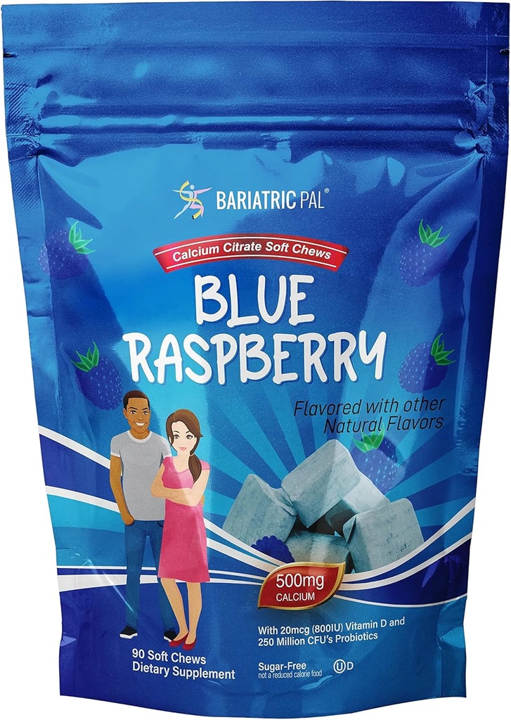 BariatricPal Calcio libre de azúcar Citratos blandos aguanta 500 mg con vitamina D &amp; Probióticos ← Blue Raspberry tención 90 Conde (1 Month Supply)