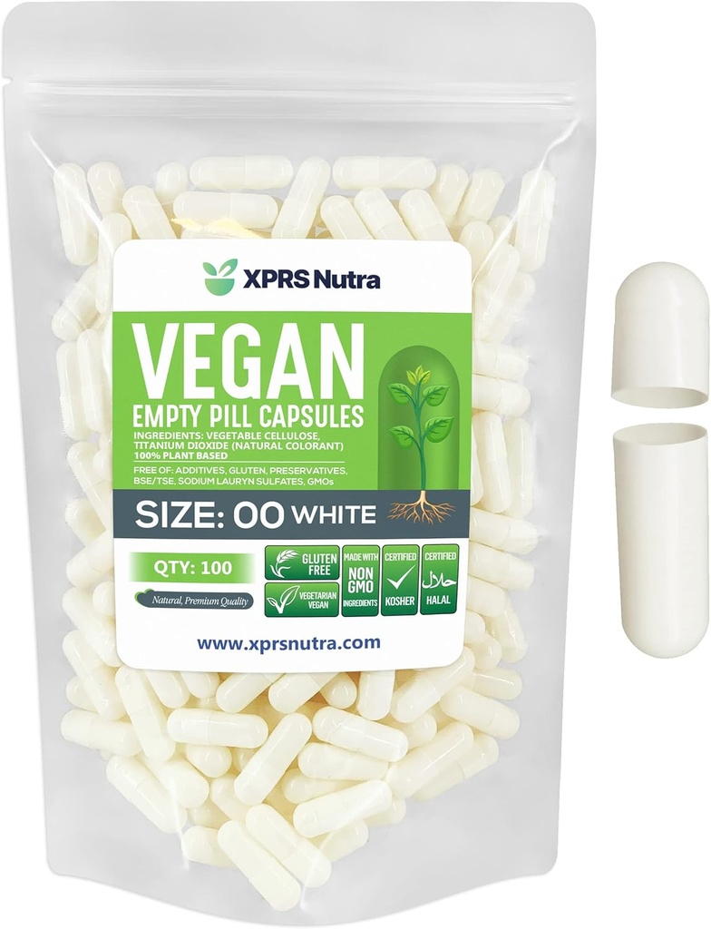 XPRS Nutra Size 00 Empty Capsules - 100 Conde Empty Vegan Capsules - Vegetarian Empty Pills - DIY Vegetable Capsule Filling- Veggie Pill Caps (White)