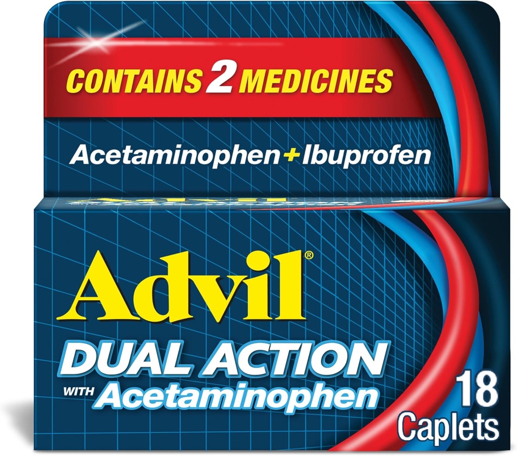 Doble acción Advil Coated Caplets con Acetaminophen, 125mg Ibuprofeno y 250mg Acetaminophen Per Caplet para 8 horas de alivio del dolor - 18 cuenta