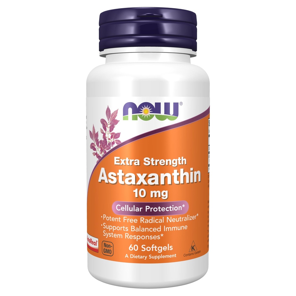 AHORA Alimentos Suplementos, Astaxanthin 10mg, Extra Strength,derived from Non-GMO Haematococcus Pluvialis Microalgae y ha naturalmente ocurriendo Lutein, Canthaxanthin y Beta-Carotene, 60 Softgels