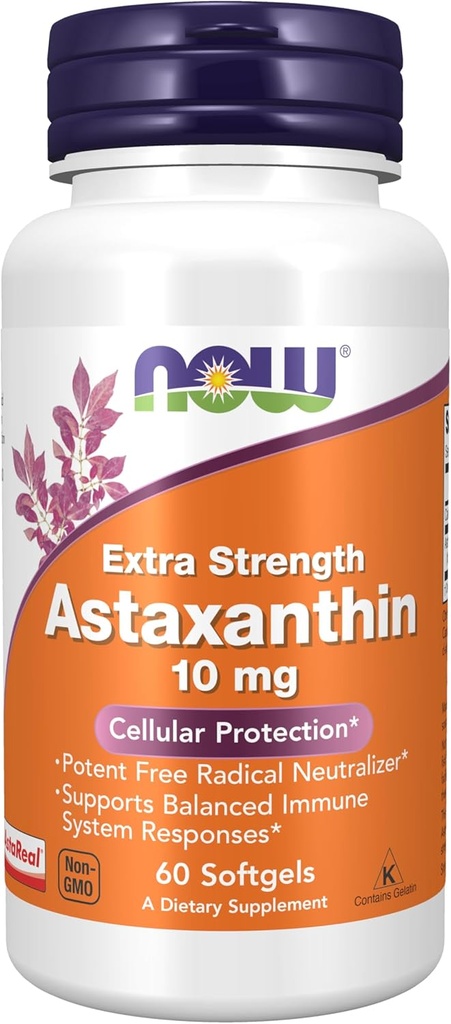NOW Foods Supplements, Astaxanthin 10mg, Extra Strength,derived from Non-GMO Haematococcus Pluvialis Microalgae and has naturally occurring Lutein, Canthaxanthin and Beta-Carotene, 60 Softgels