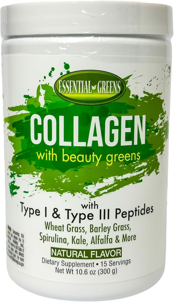 Verdes esenciales, Collagen con Verdes de Belleza Orgánica con Peptidos Tipo I. Sabores Naturales. Suplemento dietético. Wheat Grass, Barley, Spiraling, Kale, Alfalfa > 10.6 oz
