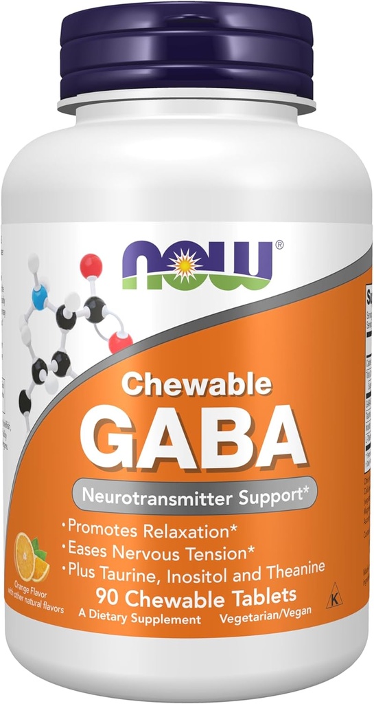 AHORA Suplementos de alimentos, GABA (Ácido gamma-aminobutírico), soporte de neurotransmisores*, sabor naranja, 90 Chewables