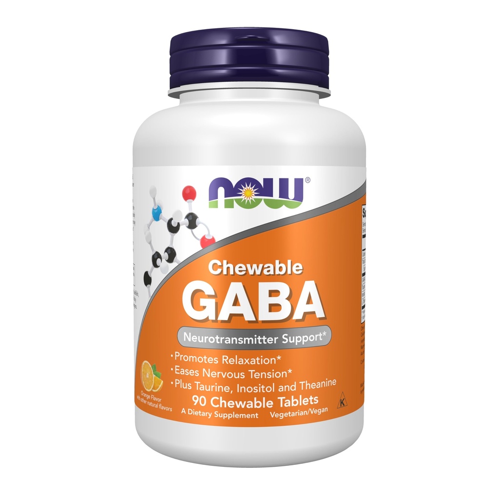 AHORA Suplementos de alimentos, GABA (Ácido gamma-aminobutírico), soporte de neurotransmisores*, sabor naranja, 90 Chewables