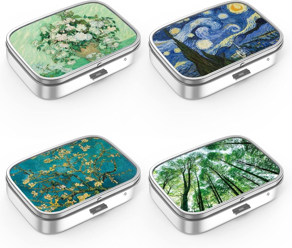 Pill Box 2 Compartment Medicine Pill Case,Portable Pill Box for Pocket or Purse Pill Box Decorative Metal Medicine Vitamin Organizer Unique Gift(4PCS)