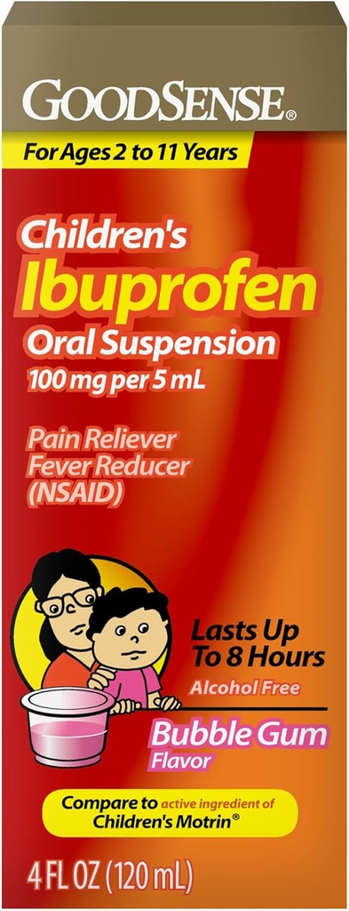 Suspensión Oral Ibuprofeno de GoodSense, 100 mg por 5 mL, Alimentador de Dolor " Reductor de fiebre, Bubble Gum Flavor