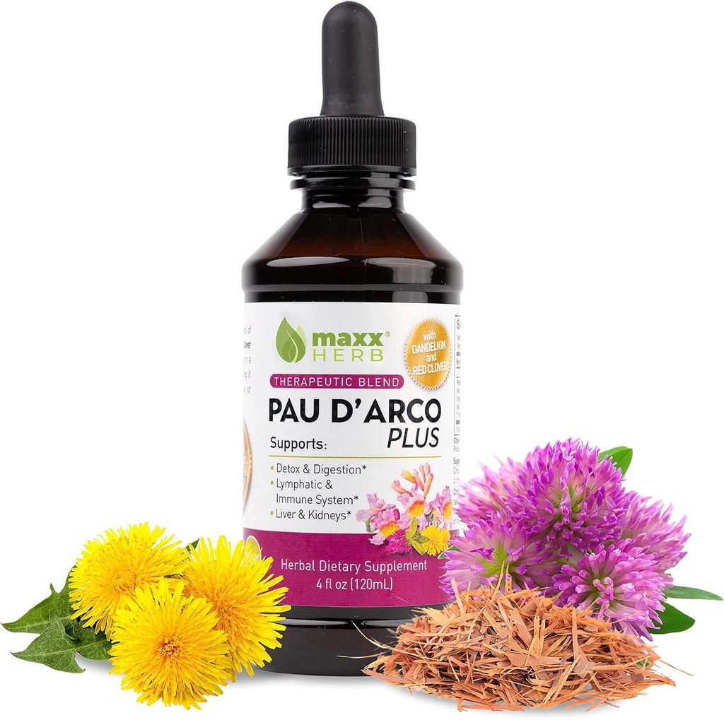 Maxx Herb PAU D’Arco Extracto con Dandelion Root & Red Clover Therapeutic Blend, PAU Darco Tincture Absorbs Better Than Taheebo Tea o Capsules, para Immune Support - 4 Oz Bottle (60 Servings)