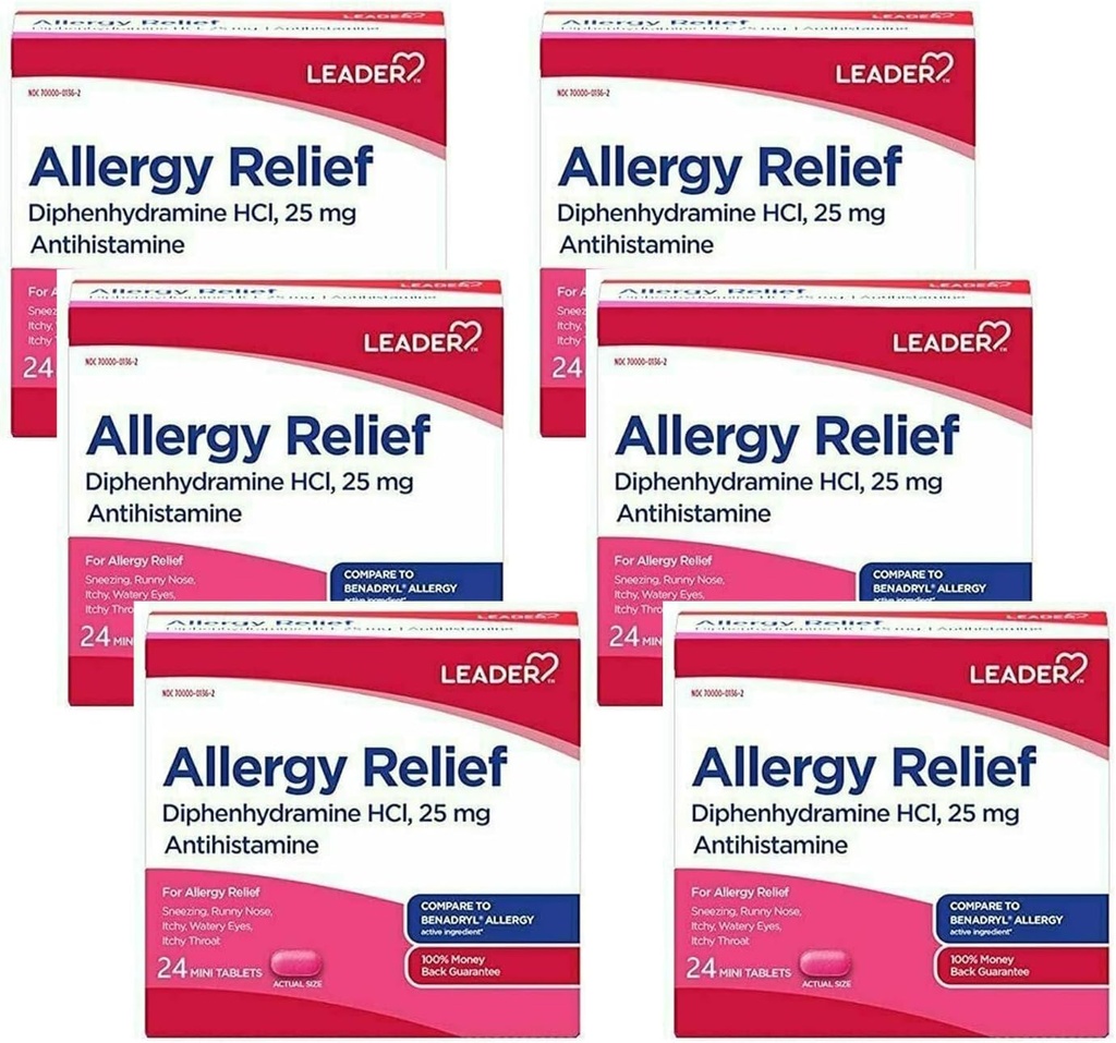 Líder antihistamínico Alivio de la Alergia Diphenhydramine HCl, 25 mg Mini Tabletas, 24 Conde Pack de 6