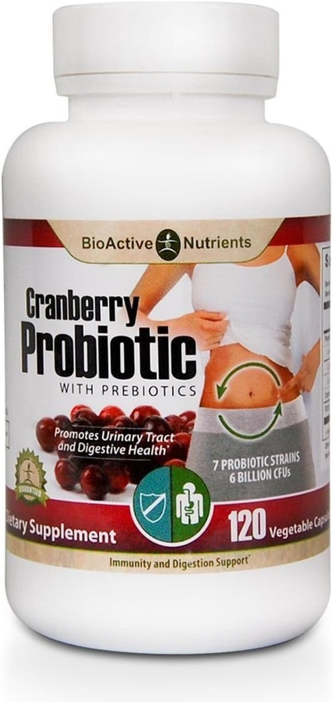 BIOACTIVE NUTRIENTS Cranberry Probiotics with Prebiotics, 120 Capsules - 7 Strains, 6 Billion CFU