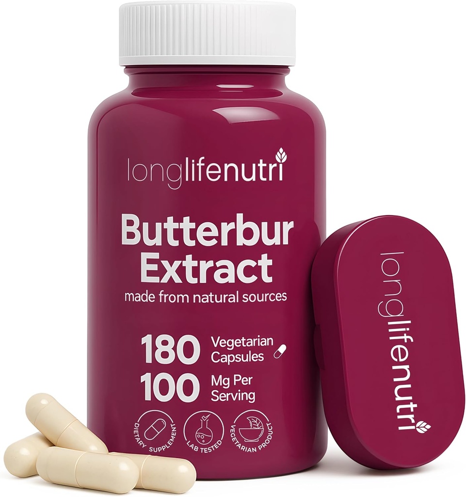 LongLifeNutri Butterbur Extracto 100mg - Petasites Hybridus Root Extract, 180 Vegetarian Capsules, 6 Month Supply, Suplemento Orgánico para Head Comfort &amp; Neural Calm, GMP Certified, Made in USA
