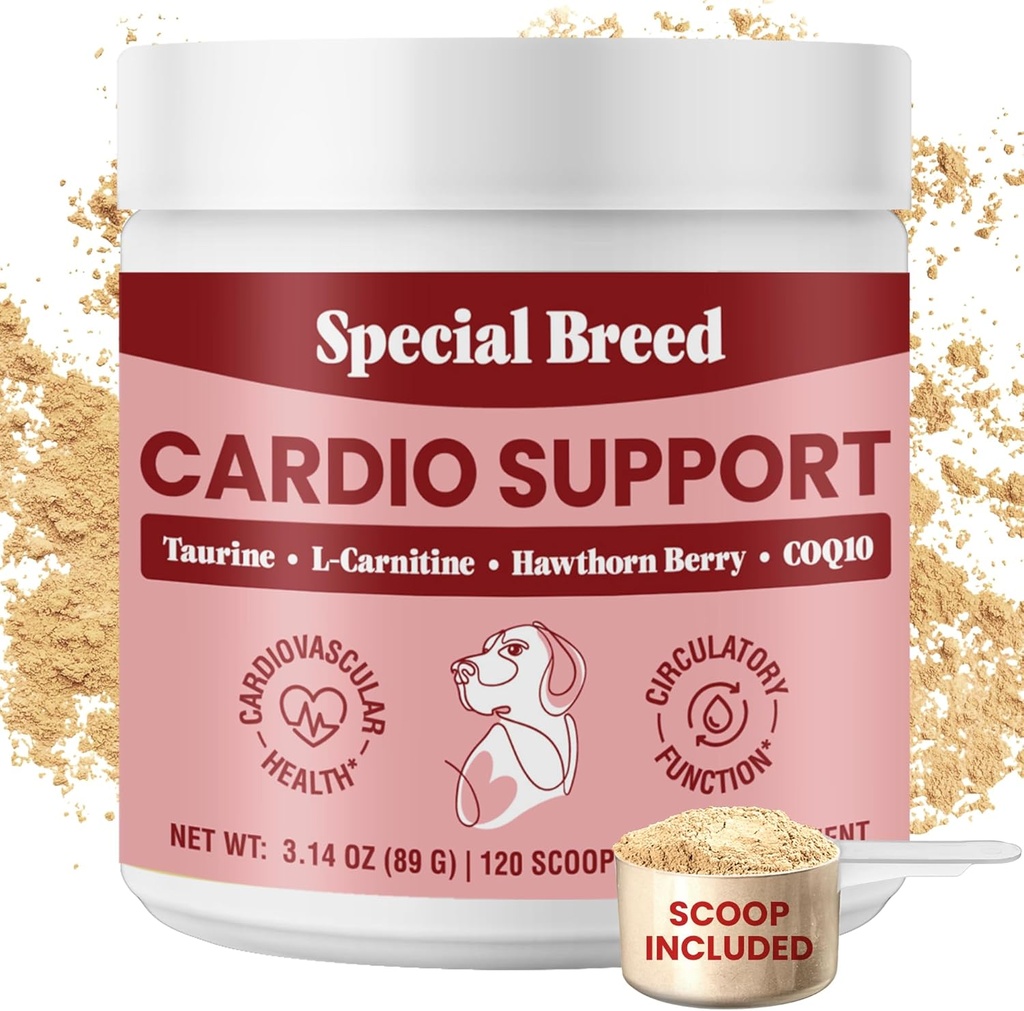 Cardio especial para perros - Apoyo a la salud cardíaca con Taurine, CoQ10, Berry de Hawthorne orgánica, Suplemento de Polvo, 120 Scoops, 3.14 oz